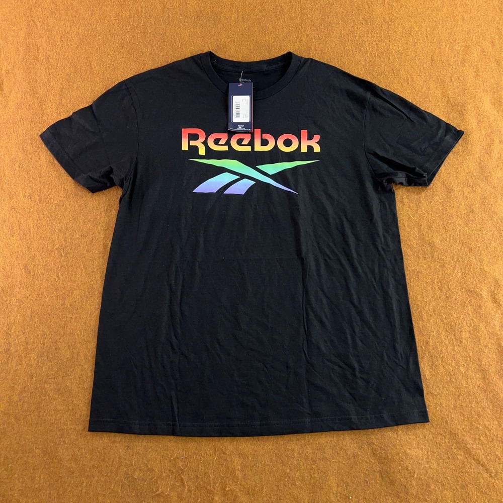 Reebok Mens Size Medium Black Rainbow Gradient Logo Graphic T-Shirt NWT